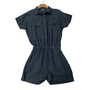 Seaside Tones Romper Womens Medium Navy 100% Linen Short Sleeve Beach Coastal